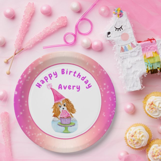 Prato De Papel Watercolor Cavalier King Charles Cupcake Birthday (Festa)