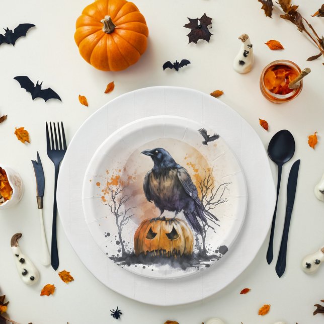 Prato De Papel Watercolor Crow Halloween (Criador carregado)