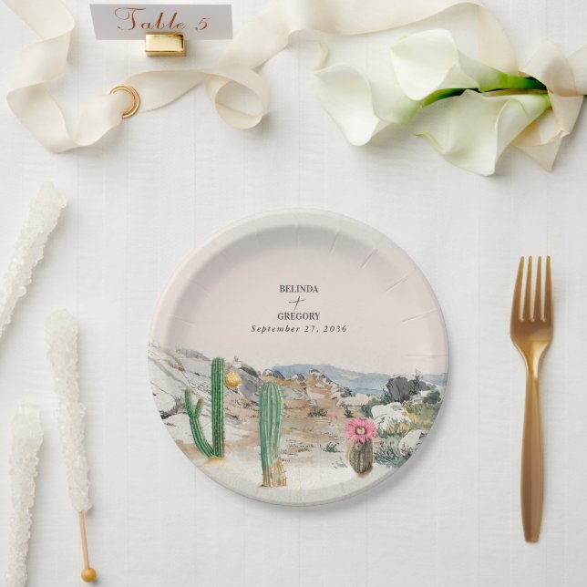 Prato De Papel Watercolor Desert Cactus Boho Wedding (Casamento)