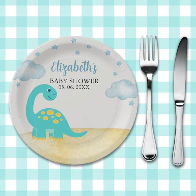 Prato De Papel Watercolor Dinosaur Baby shower boy (Criador carregado)