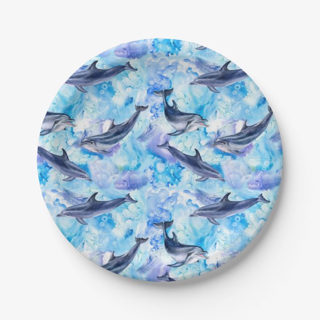 Prato De Papel watercolor dolphin fish seamless pattern (Frente)