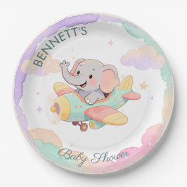 Prato De Papel Watercolor Elephant Airplane Baby Shower Plate