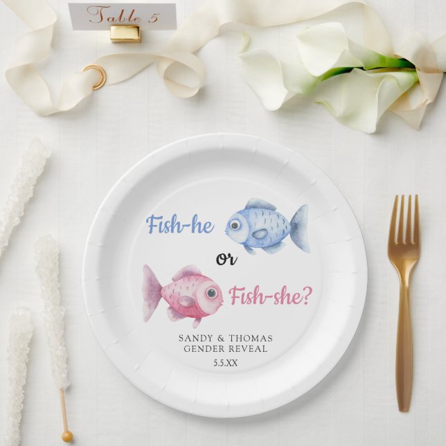 Prato De Papel Watercolor Fishing Gender Reveal (Casamento)
