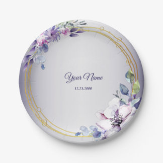 Prato De Papel Watercolor Floral Geometric Golden Purple Wedding