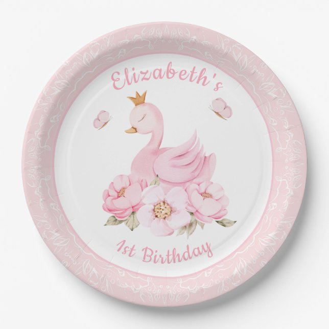 Prato De Papel Watercolor Floral Swan Princess Birthday (Frente)