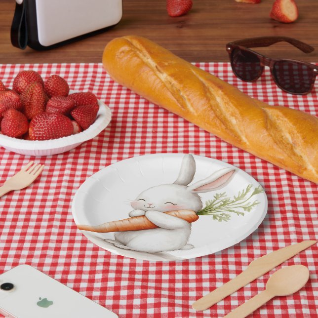 Prato De Papel Watercolor Fluffy Bunny Carrot Love (Piquenique)