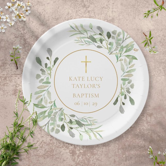 Prato De Papel Watercolor Greenery Baptism | Christening (Criador carregado)