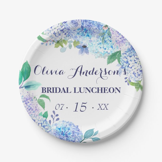 Prato De Papel Watercolor Greenery Blue Hydrangea Bridal Luncheon (Frente)