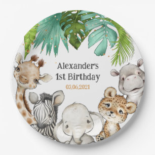 Prato De Papel Watercolor Greenery Safari Animal Birthday