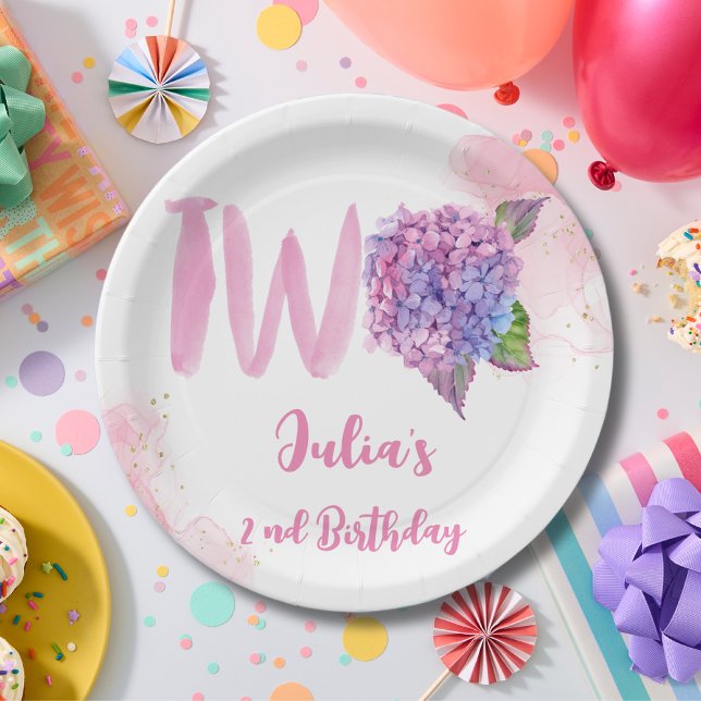 Prato De Papel Watercolor hydrangea Segundo Aniversário (Criador carregado)