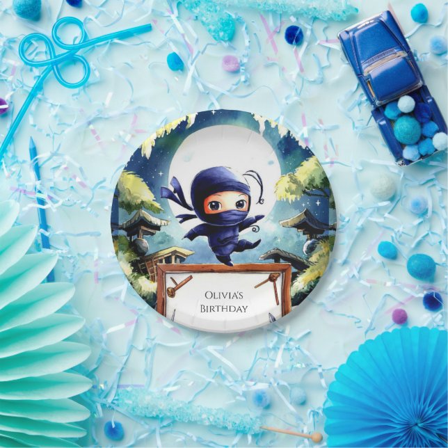 Prato De Papel Watercolor Kids Ninja Birthday (Festa)