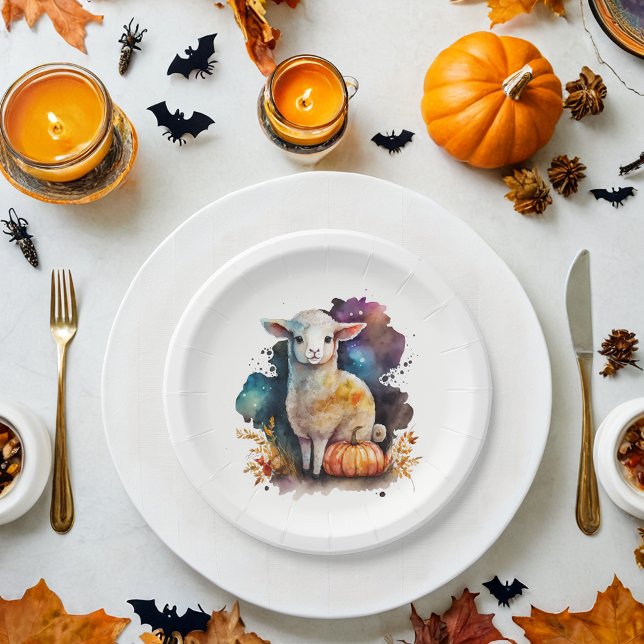 Prato De Papel Watercolor Lamb Halloween (Criador carregado)