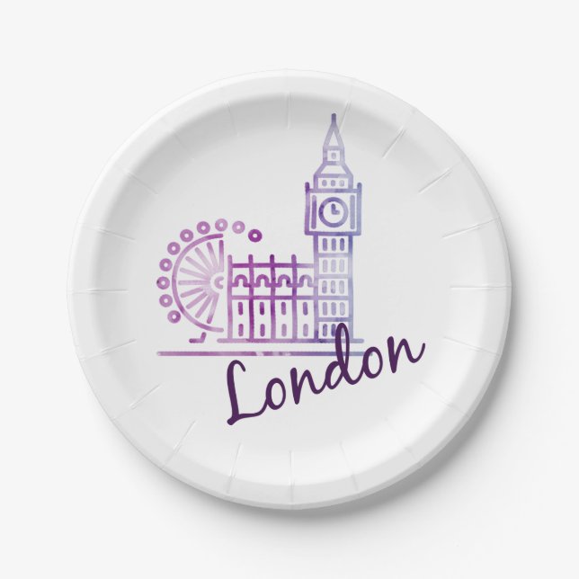 Prato De Papel Watercolor London Big Ben Paper Plates - Britânico (Frente)