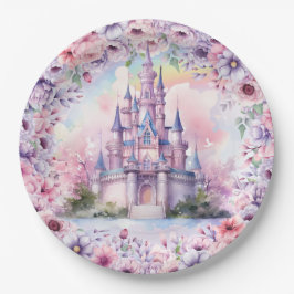Prato De Papel Watercolor Pastel Pink Unicorn e Fairy Castle