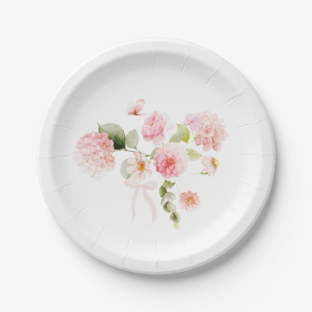 Prato De Papel Watercolor Pink Roses Hydrangea Funeral  (Frente)