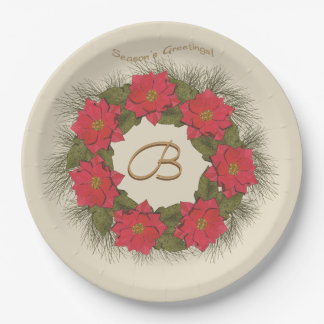 Prato De Papel Watercolor Poinsettia Wreath - Monogramas