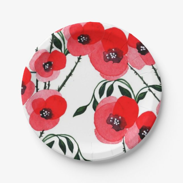 Prato De Papel Watercolor poppy flowers botanical (Frente)