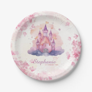 Prato De Papel Watercolor Princess Castle Babygirl primeiro anive