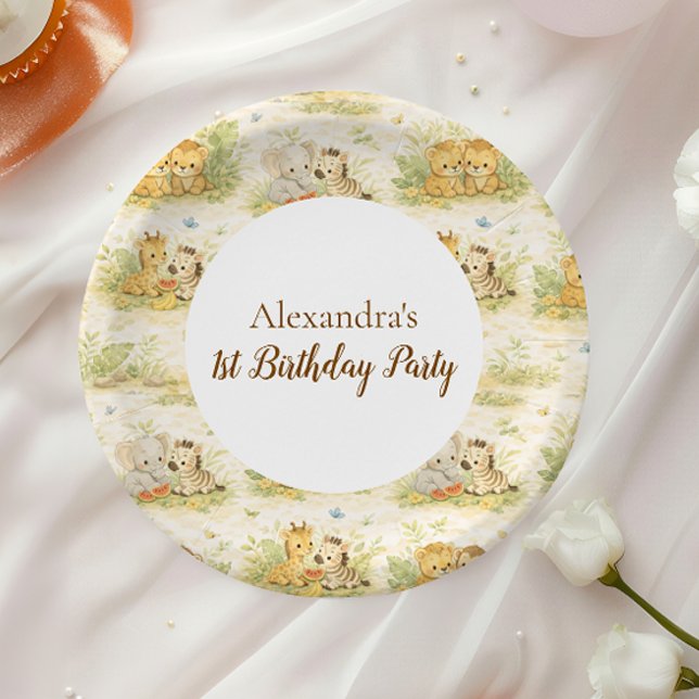 Prato De Papel Watercolor Safari Animals First Birthday (Criador carregado)