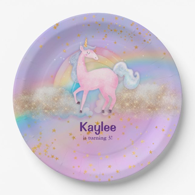 Prato De Papel Watercolor Unicorn Holographic (Frente)