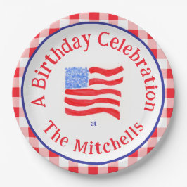 Prato De Papel Watercolor USA Flag BIRTHDAY Red White Blue Check 