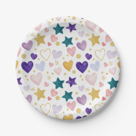 Prato De Papel Watercolor Whimsy Hearts & Stars