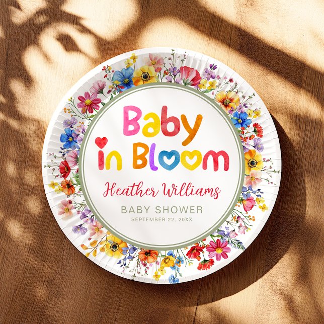 Prato De Papel Watercolor Wildflower Baby in Bloom (Baby in Bloom Paper Plate)
