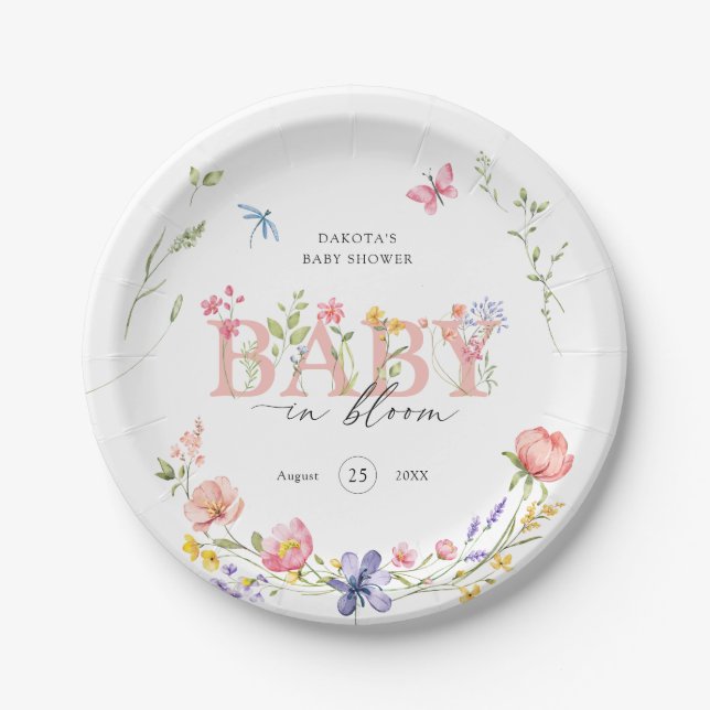 Prato De Papel Watercolor Wildflower Baby in Bloom Welcome (Frente)