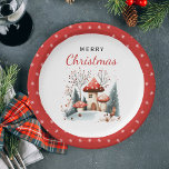 Prato De Papel Watercolor Winter Woodland Merry Christmas<br><div class="desc">Para a época festiva e todos os seus encontros sazonais. Cogumelos de inverno e pinheiros. Mantenha o texto do design como está ou edite.</div>