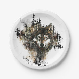 Prato De Papel Watercolor Wolf Mountain Animal Art