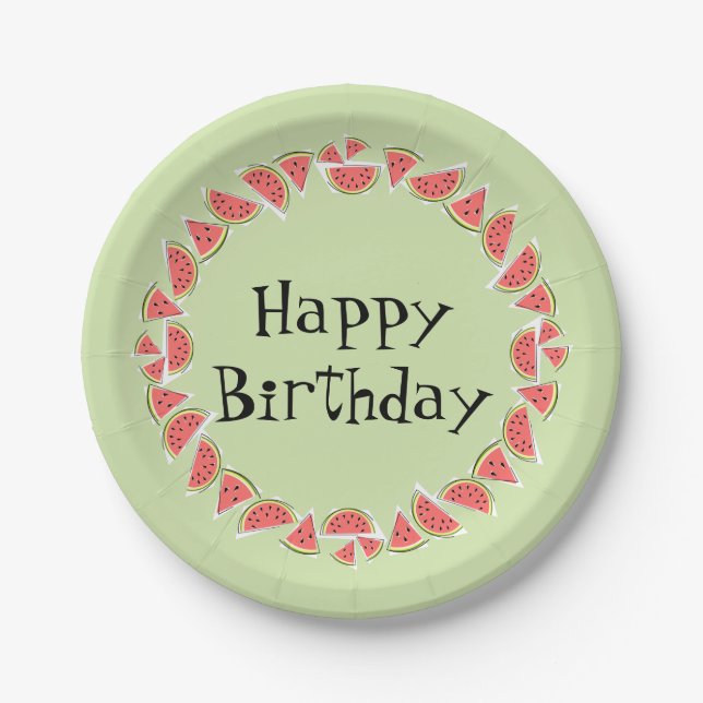 Prato De Papel Watermelon Green Pieds Circle Feliz Aniversário (Frente)
