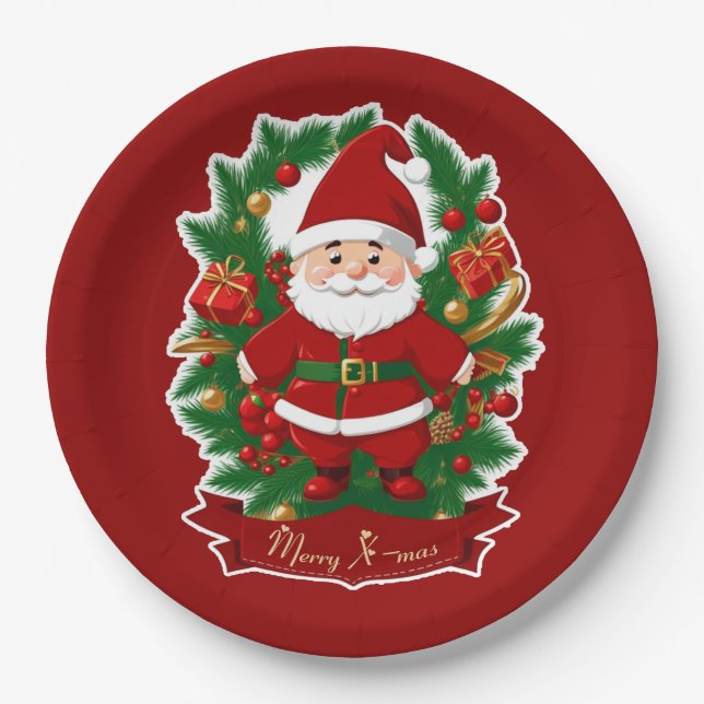 Prato De Papel Weihnachtsmann mit Tannenzweigen - (Frente)