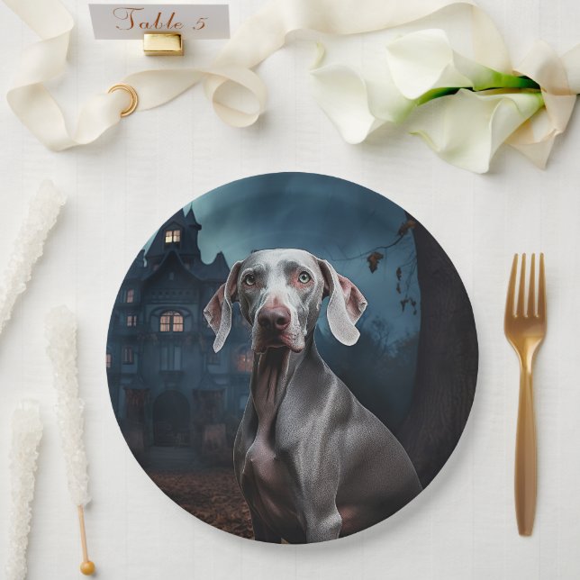 Prato De Papel Weimaraner Halloween Assustador (Casamento)
