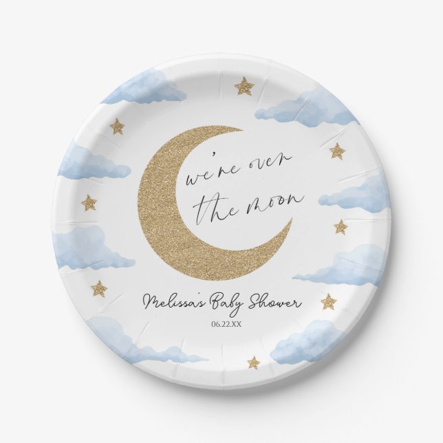 Prato De Papel We're Over The Moon Blue Celestial Baby Shower (Frente)