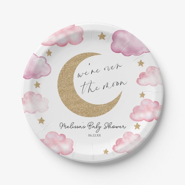 Prato De Papel We're Over The Moon Pink Celestial Baby Shower (Frente)