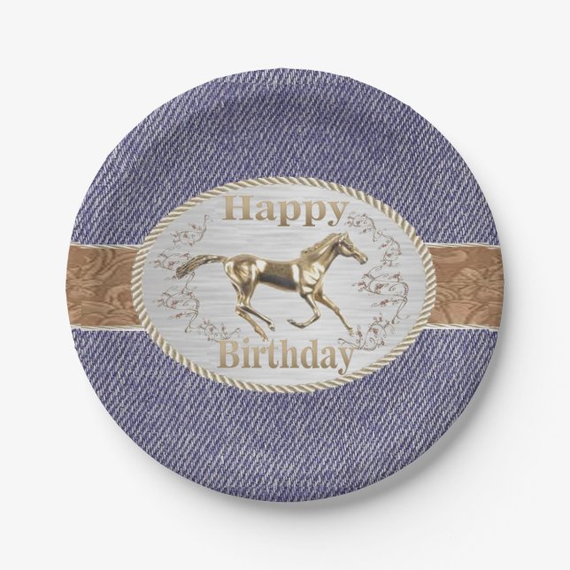 Prato De Papel Western Belt e Buckle em Denim Feliz Aniversário (Frente)