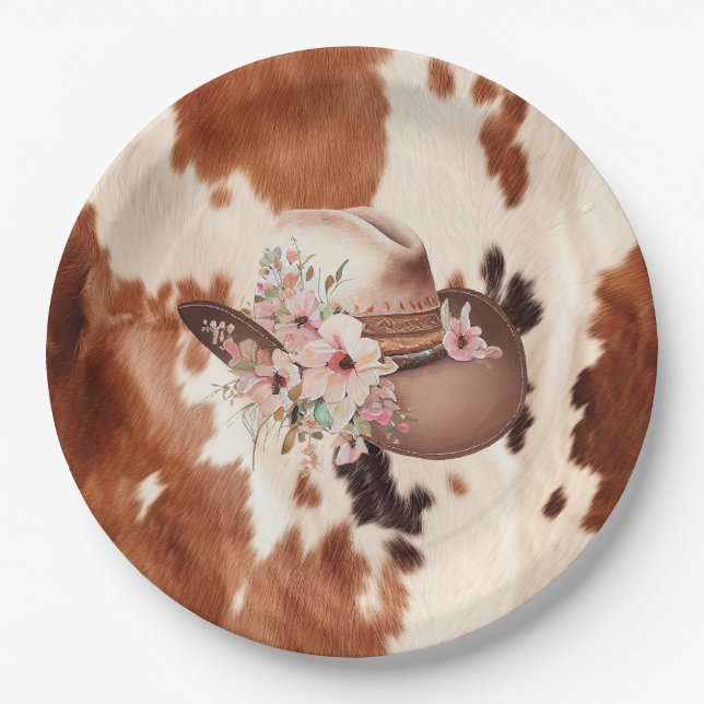 Prato De Papel Western Brown Cream Floral Cowgirl Hat (Frente)