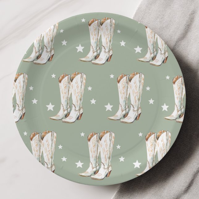 Prato De Papel Western Country Cowgirl Boots Festa de aniversário (Western Country Cowgirl Boots Sage Green Birthday Party Paper Plates)