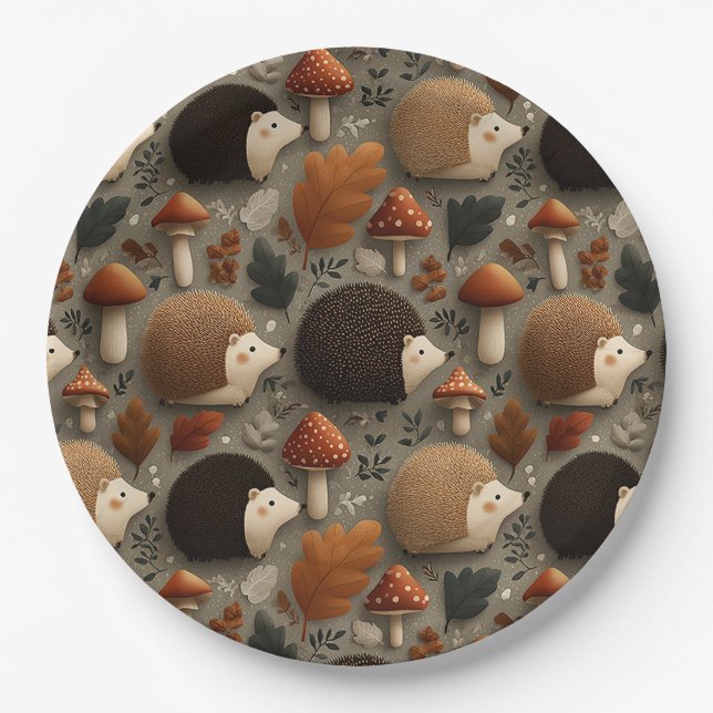 Prato De Papel Whimsical Autumn Hedgehog & Mushroom Pattern (Frente)