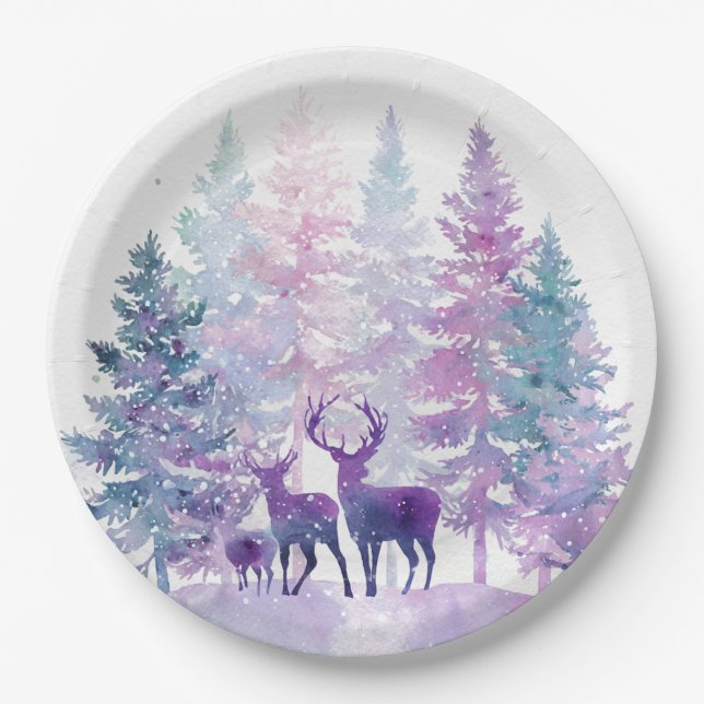 Prato De Papel Whimsical Christmas Forest Deers Paper Plates (Frente)