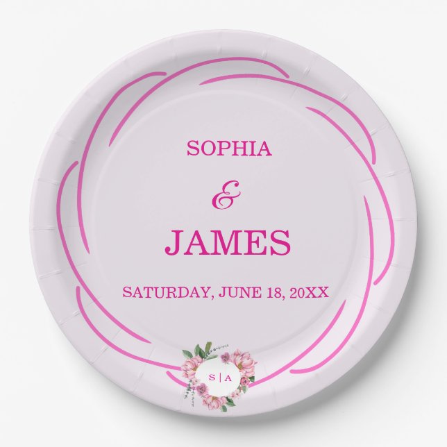 Prato De Papel Whimsical Citrus Pink & flower Wedding  Sign (Frente)