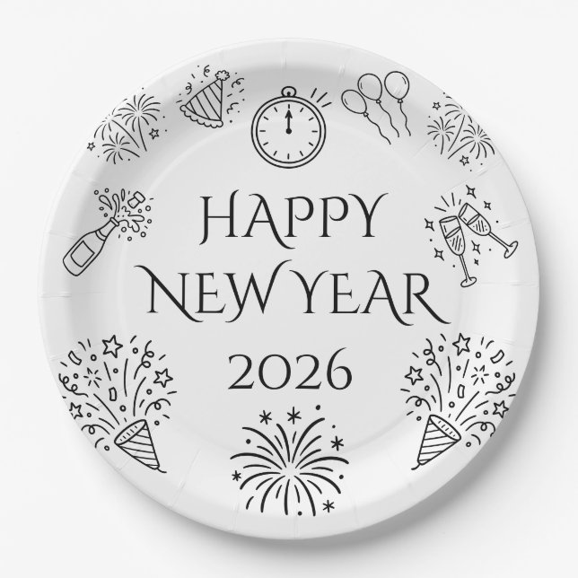 Prato De Papel Whimsical Doodles Black Happy New Year 2026 (Frente)
