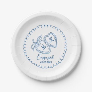 Prato De Papel Whimsical Engaged Couple Blue Hearts Trendy Doodle