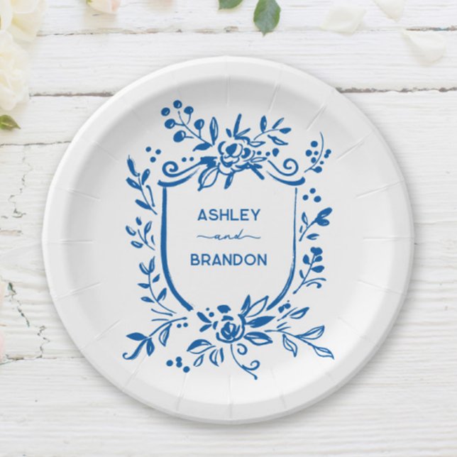 Prato De Papel Whimsical French Blue Botanical Crest Wedding (Criador carregado)
