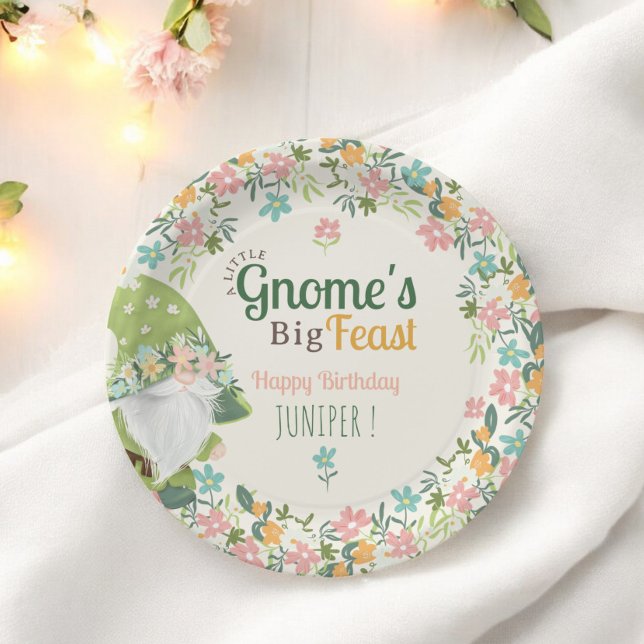 Prato De Papel Whimsical Gnome Primeiro Aniversário Floral (Whimsical Gnome First Birthday Floral Paper Plates)