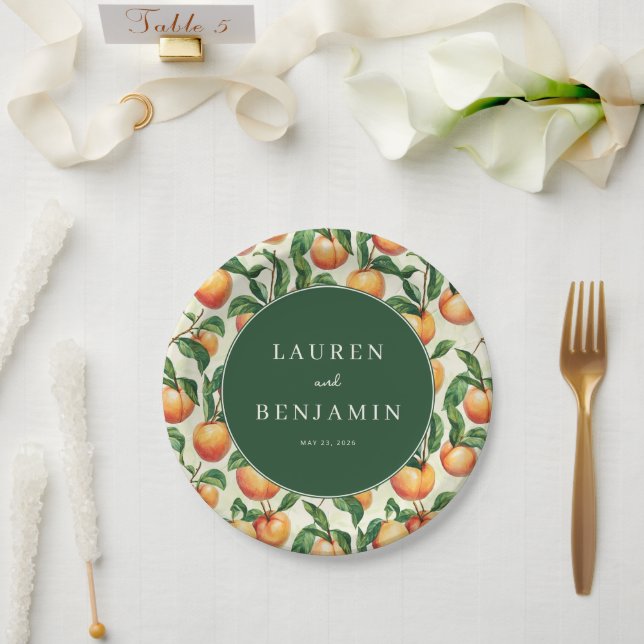 Prato De Papel Whimsical Green Peach Illustration (Casamento)