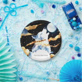 Prato De Papel Whimsical Howling Wolf Birthday