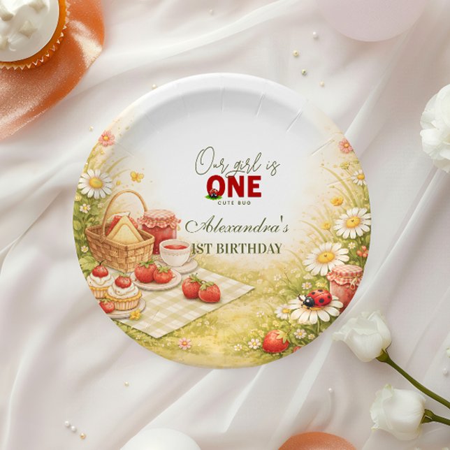 Prato De Papel Whimsical Meadow Lady Bug 1st Birthday (Criador carregado)