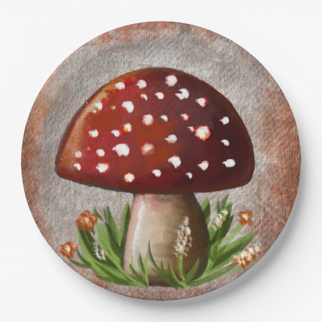 Prato De Papel Whimsical Mushroom & Fungi Motif – Nature-Inspired (Frente)