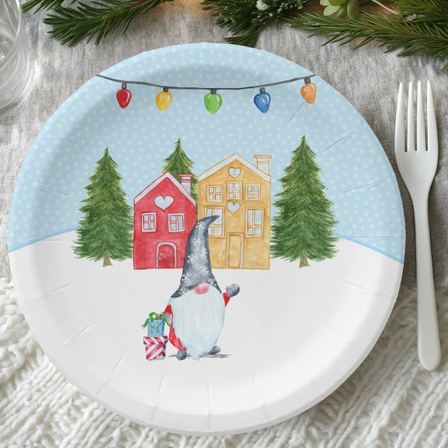 Prato De Papel Whimsical Nordic Christmas Gnomo (Nordic Winter Gnome Paper Plate)